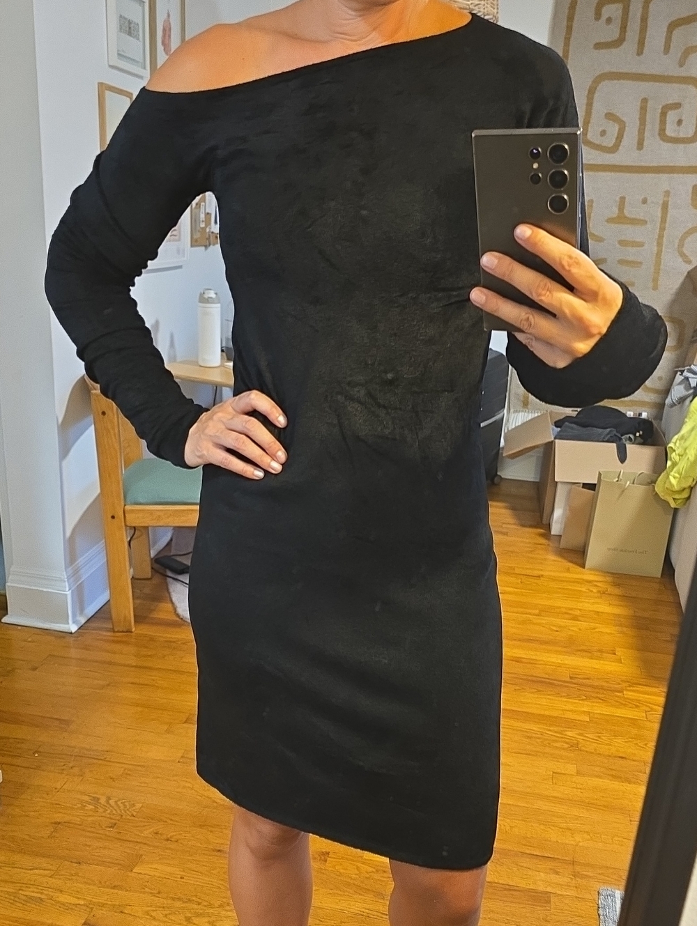 Helmut Lang Black Off-Shoulder Velvet Long Sleeve Dress